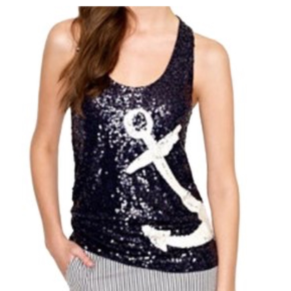J.Crew Sequin Anchor Tank Top Nautical Navy White